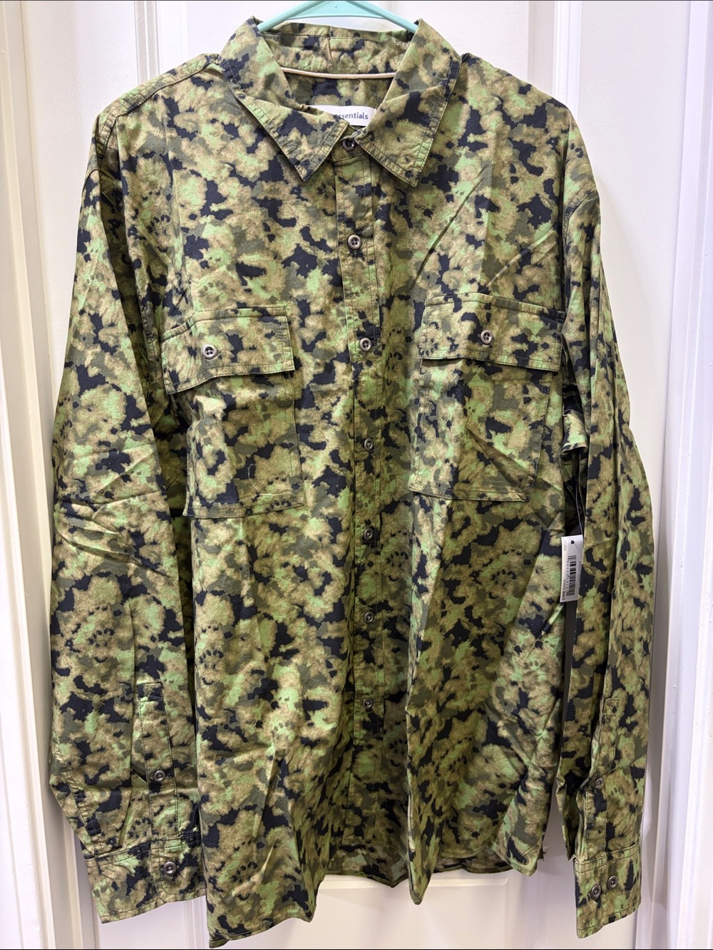 Essentials Green and Black Camo Button-Up Shirt
